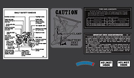 H1D, E & F Warning DecalsH2B/C6 Piece Warning & Small Decal Set1 Safety Checks1 Battery Caution 1 Brake Usable Range1 Tire & Load Data2 Helmet Hook$26 US#KH2-745-001WS